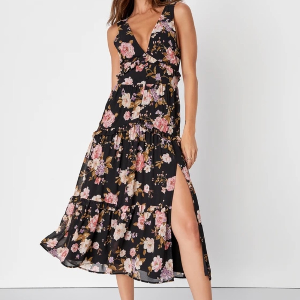Black Floral Ruffled Backless Midi Dress - Picture 9 of 10